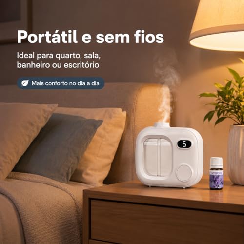 Aromatizador Automático com 12 Essências, Difusor de Aromas Elétrico USB Recarregável, Umidificador de Ar Portátil com Display Digital 5 Modos, Branco