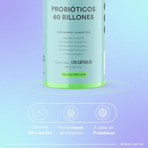 WU Nutrition PROBIÓTICOS 60 Billones | Simbióticos con Prebióticos e Inulina de Agave | Lactobacillus Rhamnosus y Acidophilus para Salud Intestinal y Flora Íntima | Soporte Digestivo, Defensas y pH Balanceado | Sin Gluten ni Lácteos | 120 Cápsulas (2 Meses)