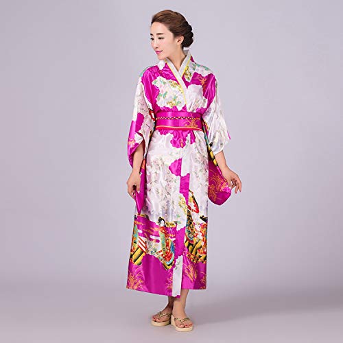 Japanese Kimono Yukata Kimono Women Long Sleeve V Neck Haori Traditional Kimonos with OBI,Red 2,One Size