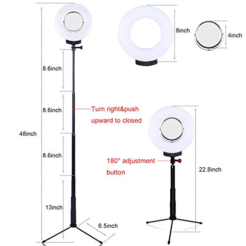 8" Dimmable Ring Light Selfie Live Stream Continuous Output Lighting Adjust Stick Stand 4" Mirror&Phone Holder for Makeup Photography LED Ring Lamp Outdoor Camera Photo Video 3 Color Lighting Mode Kit