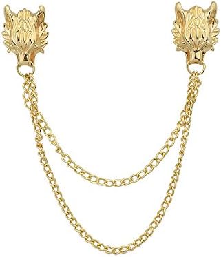 FEELONTOP Gold Silver Color Metal Wolf Head Long Chain Collar Brooch Pin Clips with Jewelry Pouch (gold)