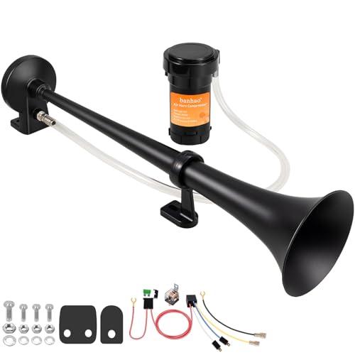 Train Horn for Truck 150db 12V, Super Loud black Single Trumpet Truck Air Horn with Compressor, suitable for Any 12V Vehicles Train Car Ship Boat Lorry (Black 1 tube horn with wire)