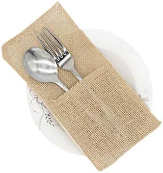 Kuke Burlap Utensil Holders and Organizers Natural Burlap Knifes Forks Bags Cutlery Pouch Linen Tableware Bags (5pcs)