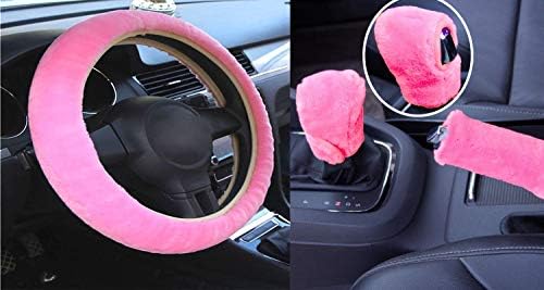IBAIOU 3pcs Set New Plush Car Steering Wheel Cover Handbrake Gear Shift Cover Universal Non-Slip Faux Wool Decoration car Interior (Pink)