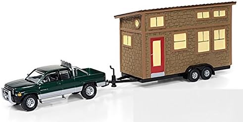 Johnny Lightning 1996 Dodge Ram 1500 Forest Green Metallic & Silver and Tiny House with Brown Shake Siding