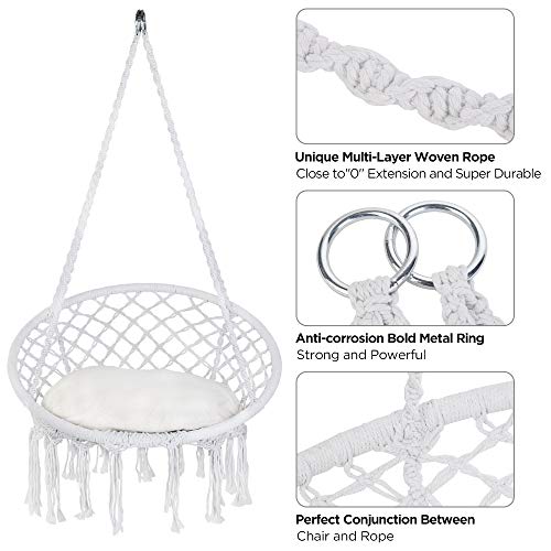 Patio Watcher Hammock Chair Hanging Macrame Swing with Cushion and