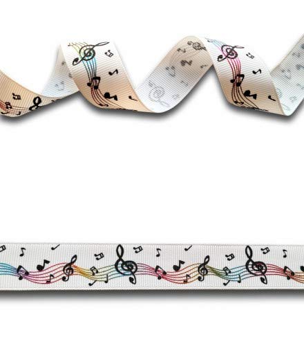 5 Yards (4.5 metres) White & Rainbow Music Note Ribbon 22mm Wide, Ideal for Craft Projects, Cakes Scrapbooking, DIY Hair Bows, Present Wrapping etc.