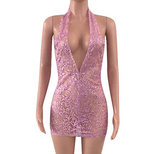 HUAMING-Clearance New Mesh Dresses,Sexy Womens Halter Dress Deep V Party Nightclub Dress Backless Sequins Mini Dress (M, Pink)