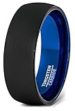 Mens Wedding Band Two Tone Black Blue Tungsten Ring Brushed Center Dome 8mm Comfort Fit