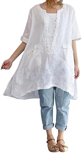 HLHN Women Tops T-Shirt,Pockets Button Half Sleeve Plus Size Linen Irregular Casual Vintage Blouse Pullover Gray