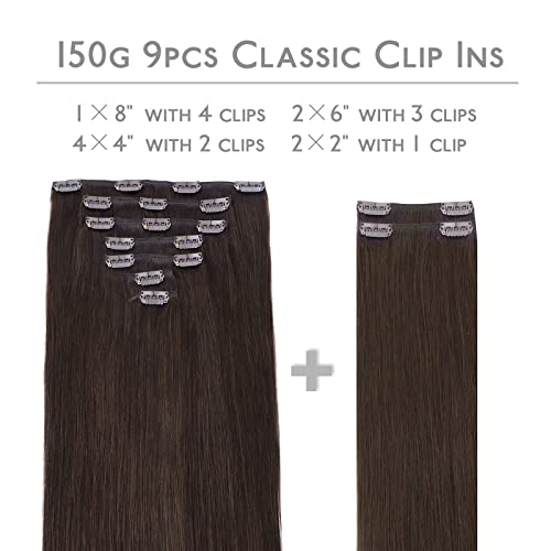 WENNALIFE Clip in Hair Extensions Human Hair 22" 150g Dark Brown Light Brown Clip in Hair Extensions Double Weft 9pcs
