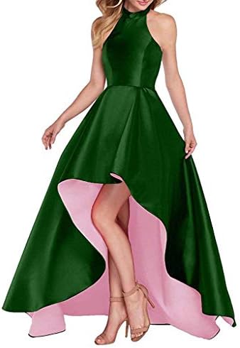 Halter Prom Dresses with Pockets Stain Sleeveless Backless High Low Bridesmaid Dress for Women