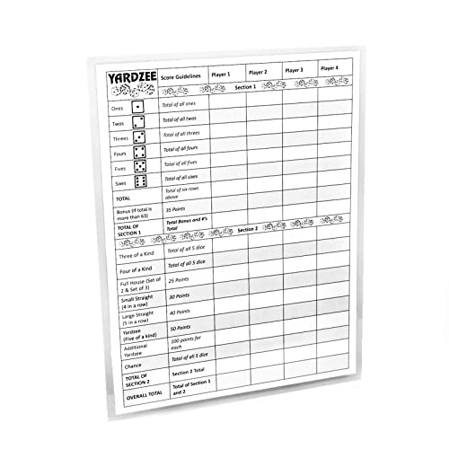 Yardzee Score Cards with Rules on the Back, Laminated Yardzee Score Card, Reusable, Dry Erase