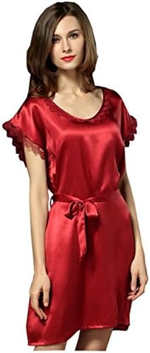 Women's Crew Neck Silk Pajamas Sexy Silk Nightgown Short-sleeved Dress Wine-red XL