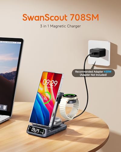 SwanScout Magnetic Wireless Charger for Samsung, 3 in 1 Charging Station for Galaxy S26 Ultra/Z Flip7/S25/S24, Watch Charger for Samsung Watch 8/8 Classic/Ultra (2025), Galaxy Buds, SwanScout 708SM