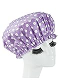Eslite Waterproof Double Layers Shower Caps for Women,(Purple, White Dot)