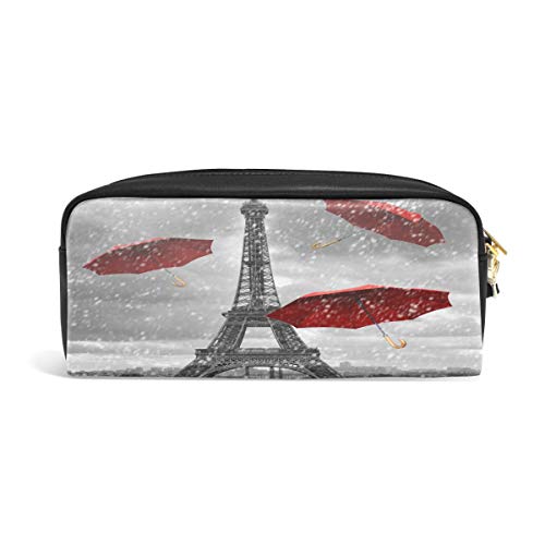 XLING Pencil Case Vintage Paris Eiffel Tower Umbrella Leather Pen Pencil Case Box Pouch Zipper Makeup Cosmetic Bag Travel