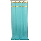 Mogul Moroccan Sari Curtain Blue Sheer Elegance Organza Golden Sari Window Drapes Panels (Length:108")