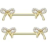 Zynova 14G Surgical Steel Rhinestone Bow Nipple Rings 16MM Straight Barbell CZ Bowknot Nipplerings Dainty Nipple Body Piercing Jewelry for Women