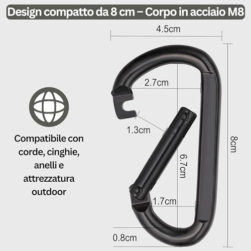 NEXAFIX - Carabiner Stainless Steel Black M8 8 cm (Set of 4) - Spring Lobster Clasp for Keys up to 250 kg - Backpack Bags Leash Dog Hammock Camping Gym