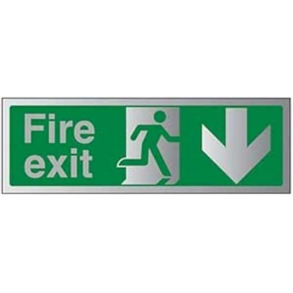 V Safety Fire Exit-Fire Exit Arrow Down Sign - 450 mm x 150 mm - 1.6 mm Alu Rigid Plastic Safety Sign