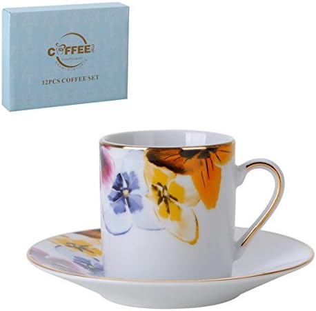 Porcelain Bone China Espresso Turkish Coffee Demitasse Set of 6 Delicate Floral Pattern Cups and Saucers (Pansies)