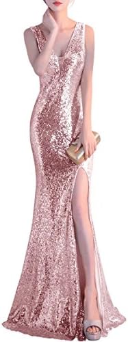 Women's Elegant Split Sequin Sleeveless Prom Dresses Long For Wedding,Bridesmaid,Party 2018 Rose Gold Size 6