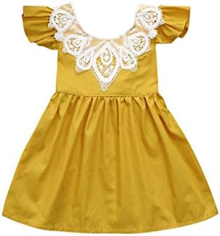 Winsummer Toddler Girl Boho Ruffle Sleeve Lace Bowknot Dress Baby Girls Spring Dresses Playwear Skirt Overalls (Yellow, 12M)