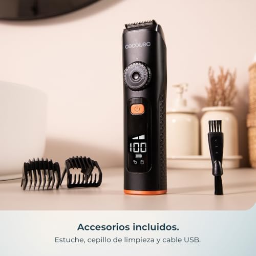 Recortadora de Barba PrecisionCare Barber Elite. Barbero con Cuchillas de Acero Inoxidable, Autonomía 120mins, Corte Preciso, 2 Peines 1-8mm y 9-16mm, Pantalla, IPX6, Carga Rápida