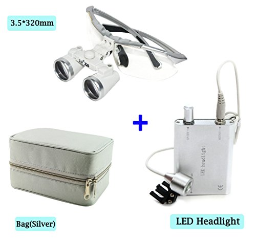 Zinnor Dental Surgical Medical Binocular Loupes Optical Glass Loupe 3.5X 320mm + LED Head Light Lamp + Carry Bag (Silver)