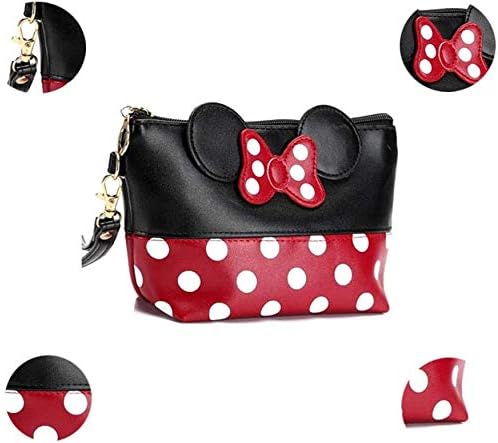 Mouse Ears Style Polka Dots Bow Knot Make Up Bag Cosmetic Bags for Women Girls Cartoon PU Wallet Portable Travel Purses with Wristband Makeup Pounch Gifts - Image 3