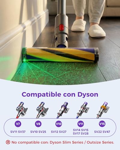 Cabezal de limpieza V15 Fluffy Optic para Dyson V15, V11, V10, V8, V7 – Detección de polvo con luz verde, accesorio de rodillo suave para suelos de madera | Luz verde revela el polvo, articulación de 90°, cepillo suave protege suelos, solo 390 g, cepillo extraíble y lavable