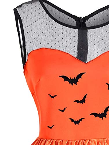 DEATU Ladies Halloween Dresses Big Promotion! Teen Girls Womens Vintage O-Neck Print Chic Sleeveless Halloween Party Swing Dress(Orange,XXL)
