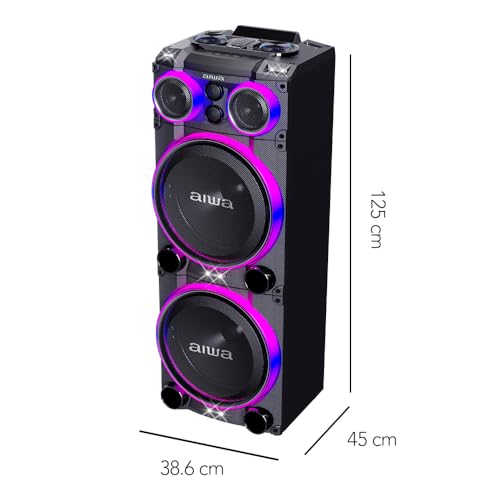 Aiwa Bocina Torre AWPOC15 Bluetooth 5.3 240W RMS 4000W PMPO con Luces LED, USB, AUX, RCA, Entradas para Micrófono, Ecualizador, Sonido Potente Ideal para Fiestas y Eventos Color Negro