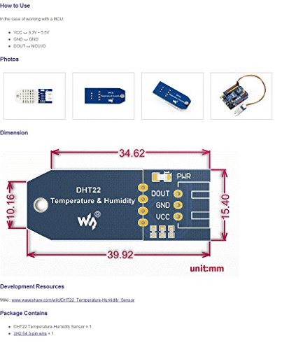 Waveshare DHT22 Temperature-Humidity Sensor Digital Temperature and Humidity Measurement Module with Onboard Sensor DHT22 (AM2302) for Arduino
