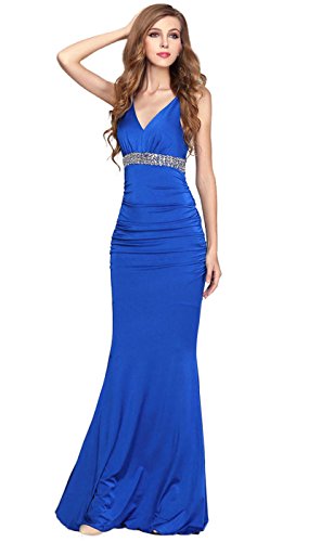 V.C.Formark Women's V Neck Mermaid backless Long Evening Party Prom Dress,Blue,S