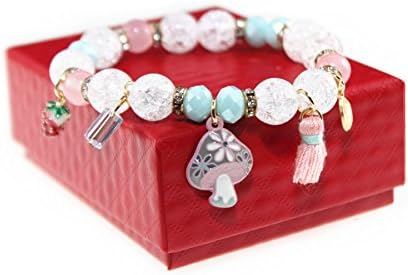 Ice Crack Korean Style Crystal Charm Bracelet with Mushroom Strawberry Tassels Pendant (White)