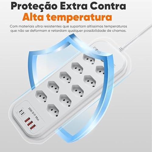 Filtro de Linha,Extensão Eletrica,Extensão Tomada,Régua Tomada 3 Interfaces USB,2 Portas USB Tipo-C,Cabo de Alimentação de 2Metros,Potência de 2500w,Suporta a Tensão de 110-220V Branco(8 Tomadas)
