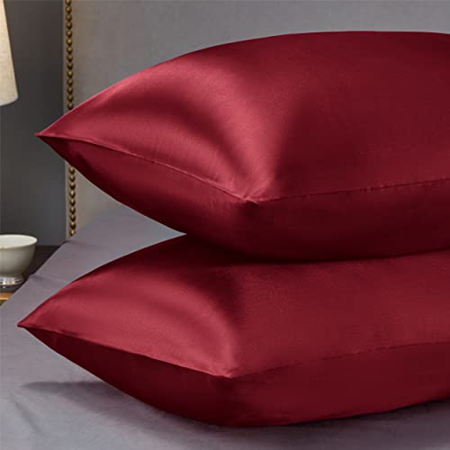 Bedsure Satin Pillowcase for Hair and Skin Standard Burgundy Silk Pillowcase 2 Pack 20x26