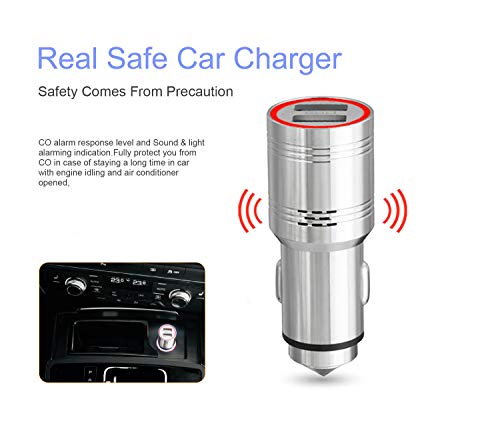 7PETAL UL Certified Car Charger,Multi-Purpose Carbon Monoxide Detector 304 Stainless Steel Charger,2 USB Fast Car Charger Fit iPhone,iPad,Android with Safety Emergency Escape Hammer
