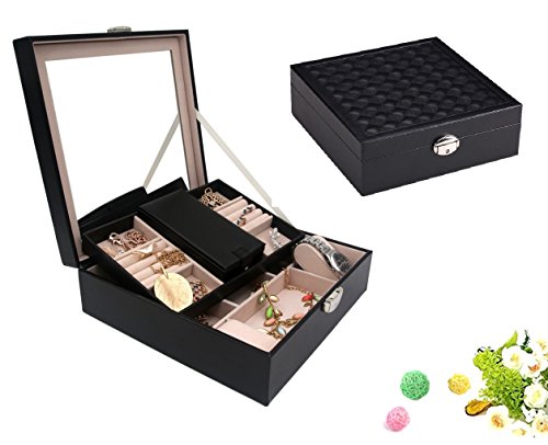 UPC 713803852218, Wuligirl Wooden Jewelry Box Organizer Storage Showcase Display with 2 Layers Jewelry Tray with a Small Travel Case ,Large Stretchable Makeup Mirror for Women, PU Leather Black