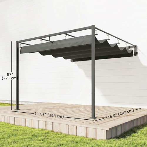Outsunny 10' x 10' Retractable Pergola Canopy, Wall-Mounted Pergola with with Drainage Holes, Outdoor Sun Shade Shelter, UPF30+ and Water-Repellent for Patio, Garden, Dark Grey