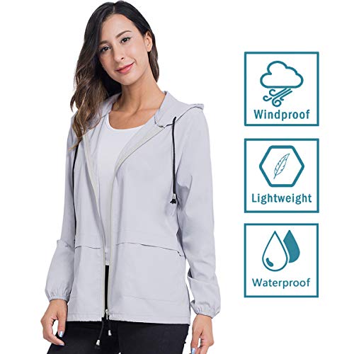 JTANIB Rain Jackets for Women, Lightweight Zip Up Hiking Travel Cycling Hooded Waterproof Raincoat M Grey