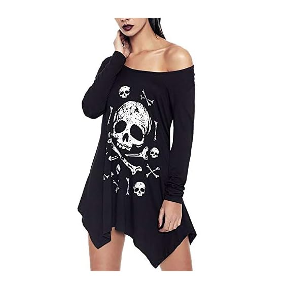iQKA-Women-Gothic-Rose-Skull-Punk-Shirt-O-Neck-Irregular-Long-Sleeve-Top-Tunic-DressWhiteLarge