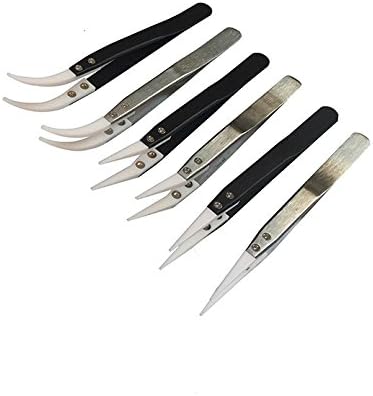 6Pcs Antistatic Ceramic Tweezers Precision Insulated Stainless Steel Heat Resistant Multifunction Hand Tools Kits Fine Pointed Tips Curved Tips Tweezers For SMD Electronic Equipment