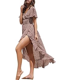 Miessial - Vestido de mujer a rayas con volantes y tirantes en el hombro, con botones en A, vestido de balancín casual largo