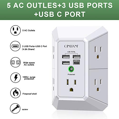 USB Wall Charger, Surge Protector, QINLIANF 5 Outlet Extender with 4 USB Charging Ports ( 4.8A Total) 3-Sided 1680J… - Image 3