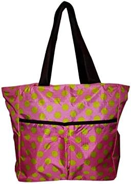 Fashion Print Small Nylon Zipper Top Tote Bag (Pink w/ Green Dot)