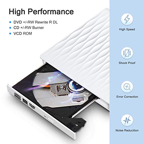 External CD DVD Drive, DUSASA USB 3.0 USB C Dual Port Slim Portable External CD DVD Rewriter Burner Writer,High Speed Data Transfer USB Optical Drives for Laptop/Macbook/Desktop/Win10/8/7 (White) - Thumbnail 2