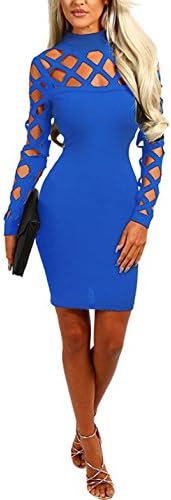 Women's Sexy Long Sleeve Hollow Out Clubwear Bandage Bodycon Party Mini Evening Dress (Large, Blue.)
